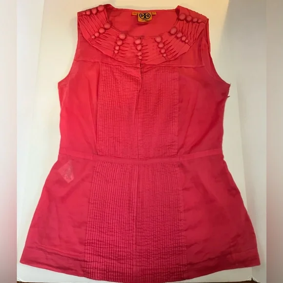 Tory Burch Sleeveless Pintuck Ruffle Collar Top Womens sz 4 Salmon Pink - Picture 2 of 10